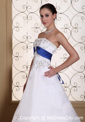 Lovely Embroidery and Beading Wedding Dress with Blue Train and Sash