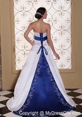 Lovely Embroidery and Beading Wedding Dress with Blue Train and Sash