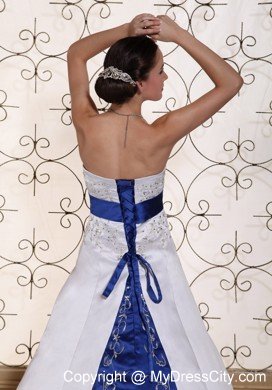 Lovely Embroidery and Beading Wedding Dress with Blue Train and Sash