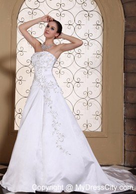 Modest Embroidery On Satin 2013 Strapless Bridal Dress A-line on Sale