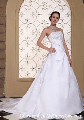 Modest Embroidery On Satin 2013 Strapless Bridal Dress A-line on Sale