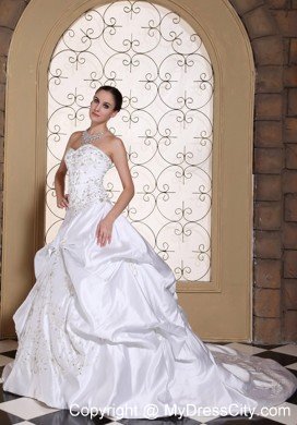 A-line Embroidery Sweetheart Pick-ups Wedding Dress with Chapel Train