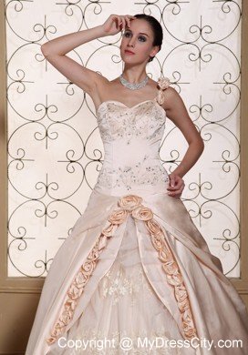 One Shoulder Champagne Wedding Gown with Flowers and Embroidery