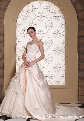 One Shoulder Champagne Wedding Gown with Flowers and Embroidery