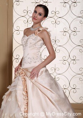 One Shoulder Champagne Wedding Gown with Flowers and Embroidery