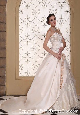 One Shoulder Champagne Wedding Gown with Flowers and Embroidery