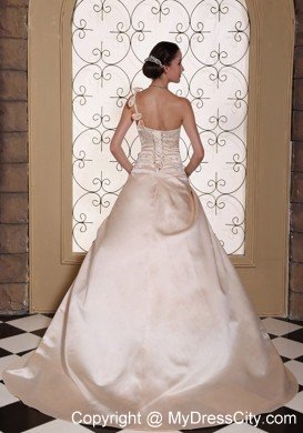 One Shoulder Champagne Wedding Gown with Flowers and Embroidery