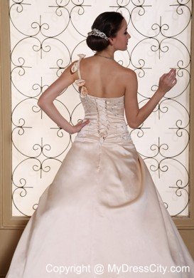 One Shoulder Champagne Wedding Gown with Flowers and Embroidery