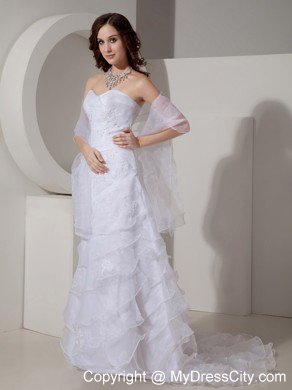 Ruffled Sheath Sweetheart Sweep Organza Appliques Wedding Dress