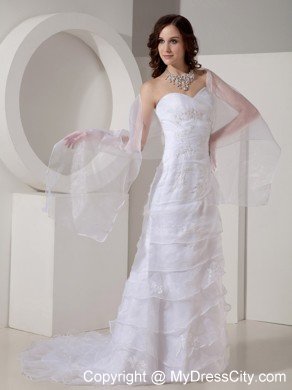 Ruffled Sheath Sweetheart Sweep Organza Appliques Wedding Dress