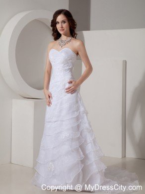 Ruffled Sheath Sweetheart Sweep Organza Appliques Wedding Dress