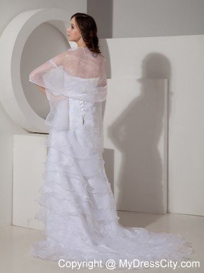 Ruffled Sheath Sweetheart Sweep Organza Appliques Wedding Dress