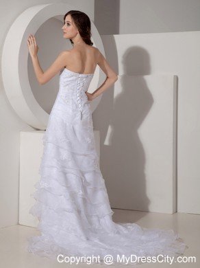 Ruffled Sheath Sweetheart Sweep Organza Appliques Wedding Dress