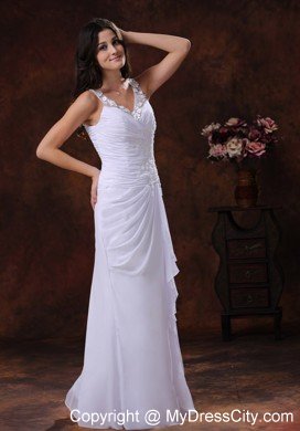 Cheap White V-neck Chiffon Flowery Wedding Dress Appliques Decorated