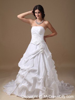 White A-line Strapless Taffeta Appliques Wedding Dress with Court Train