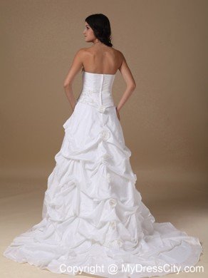 White A-line Strapless Taffeta Appliques Wedding Dress with Court Train