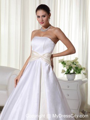 Cheap A-line Strapless Court Train Ribbon Wedding Dress under 250