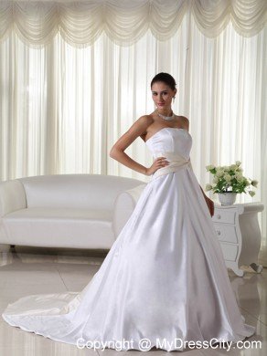 Cheap A-line Strapless Court Train Ribbon Wedding Dress under 250