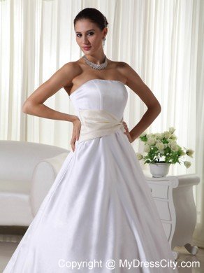 Cheap A-line Strapless Court Train Ribbon Wedding Dress under 250