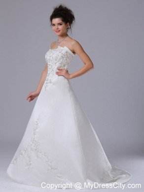 Exquisite Long Strapless Embroidery Brush A-Line Wedding Dress