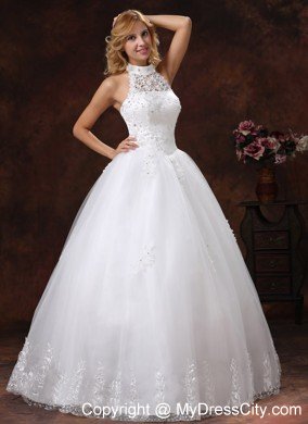 2013 Luxurious Lace Halter Appliques and Beading Wedding Gowns