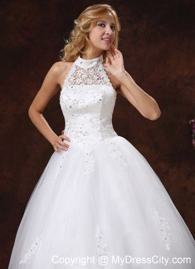 2013 Luxurious Lace Halter Appliques and Beading Wedding Gowns