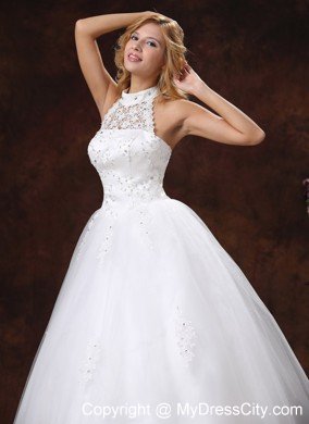 2013 Luxurious Lace Halter Appliques and Beading Wedding Gowns