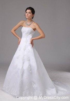 Traditional Ball Gown Wedding Dress Lace Hem Brush Train