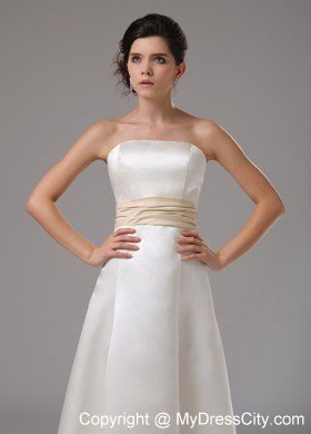 Modest Floor-length Satin Wedding Dress with Champagne Sash