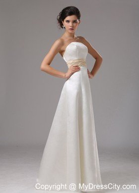 Modest Floor-length Satin Wedding Dress with Champagne Sash