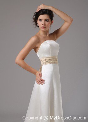 Modest Floor-length Satin Wedding Dress with Champagne Sash