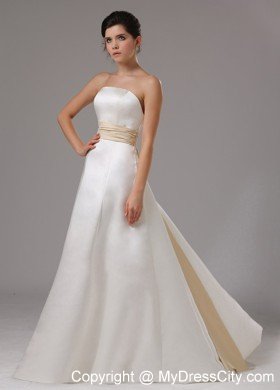 Modest Floor-length Satin Wedding Dress with Champagne Sash