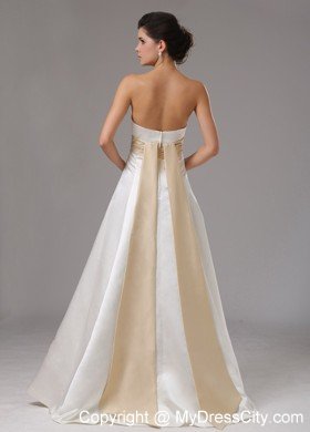 Modest Floor-length Satin Wedding Dress with Champagne Sash