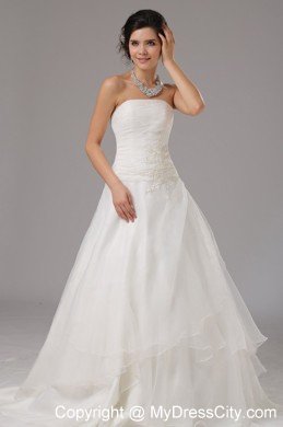 A-line Layered Organza Strapless Wedding Gown with Appliques