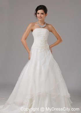 A-line Layered Organza Strapless Wedding Gown with Appliques