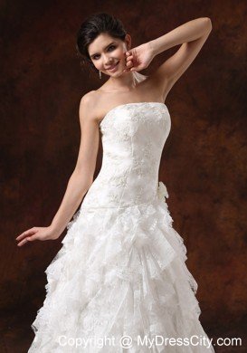 Custom Made Strapless Lace Ruffled Wedding Dress with Hidden Zipper