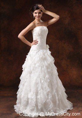 Custom Made Strapless Lace Ruffled Wedding Dress with Hidden Zipper