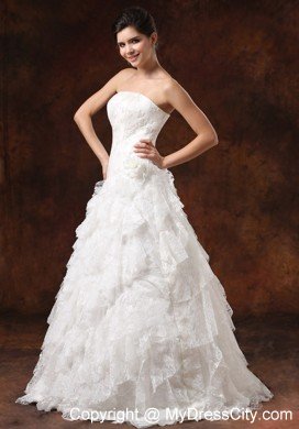 Custom Made Strapless Lace Ruffled Wedding Dress with Hidden Zipper