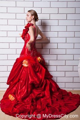 Red One Shoulder Taffeta Wedding Gown with Hand Made Flowers