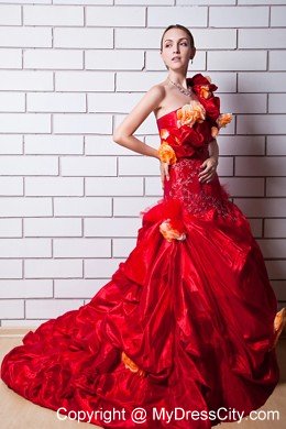 Red One Shoulder Taffeta Wedding Gown with Hand Made Flowers