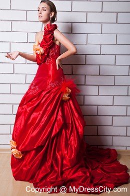 Red One Shoulder Taffeta Wedding Gown with Hand Made Flowers