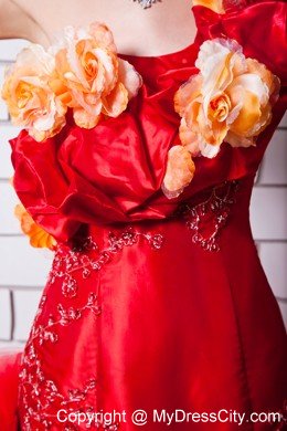 Red One Shoulder Taffeta Wedding Gown with Hand Made Flowers