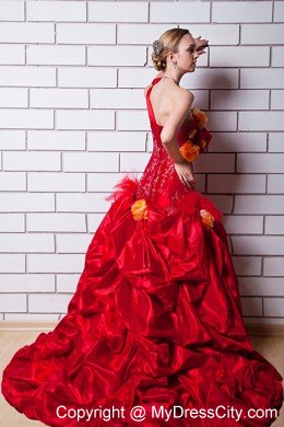 Red One Shoulder Taffeta Wedding Gown with Hand Made Flowers