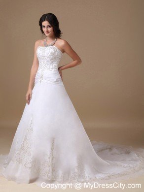 A-line Strapless Chapel Train Embroidery Romantic Wedding Dress