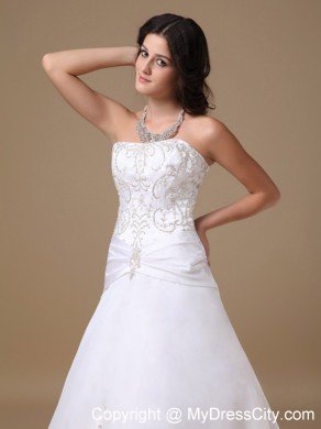 A-line Strapless Chapel Train Embroidery Romantic Wedding Dress