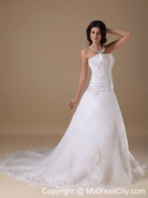 A-line Strapless Chapel Train Embroidery Romantic Wedding Dress