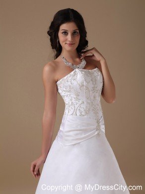 A-line Strapless Chapel Train Embroidery Romantic Wedding Dress