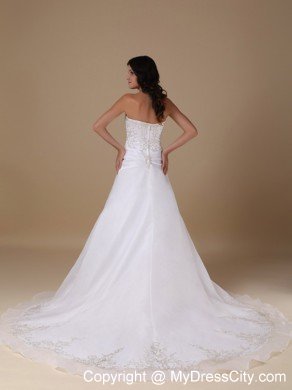 A-line Strapless Chapel Train Embroidery Romantic Wedding Dress