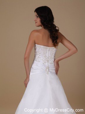 A-line Strapless Chapel Train Embroidery Romantic Wedding Dress