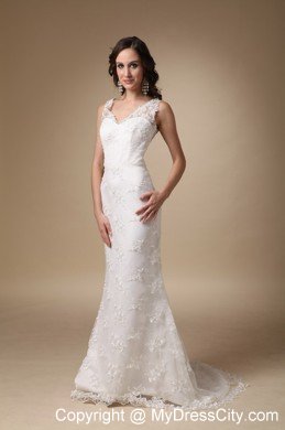 Column V-neck Brush Lace Appliques 2013 Wedding Dress with Hall